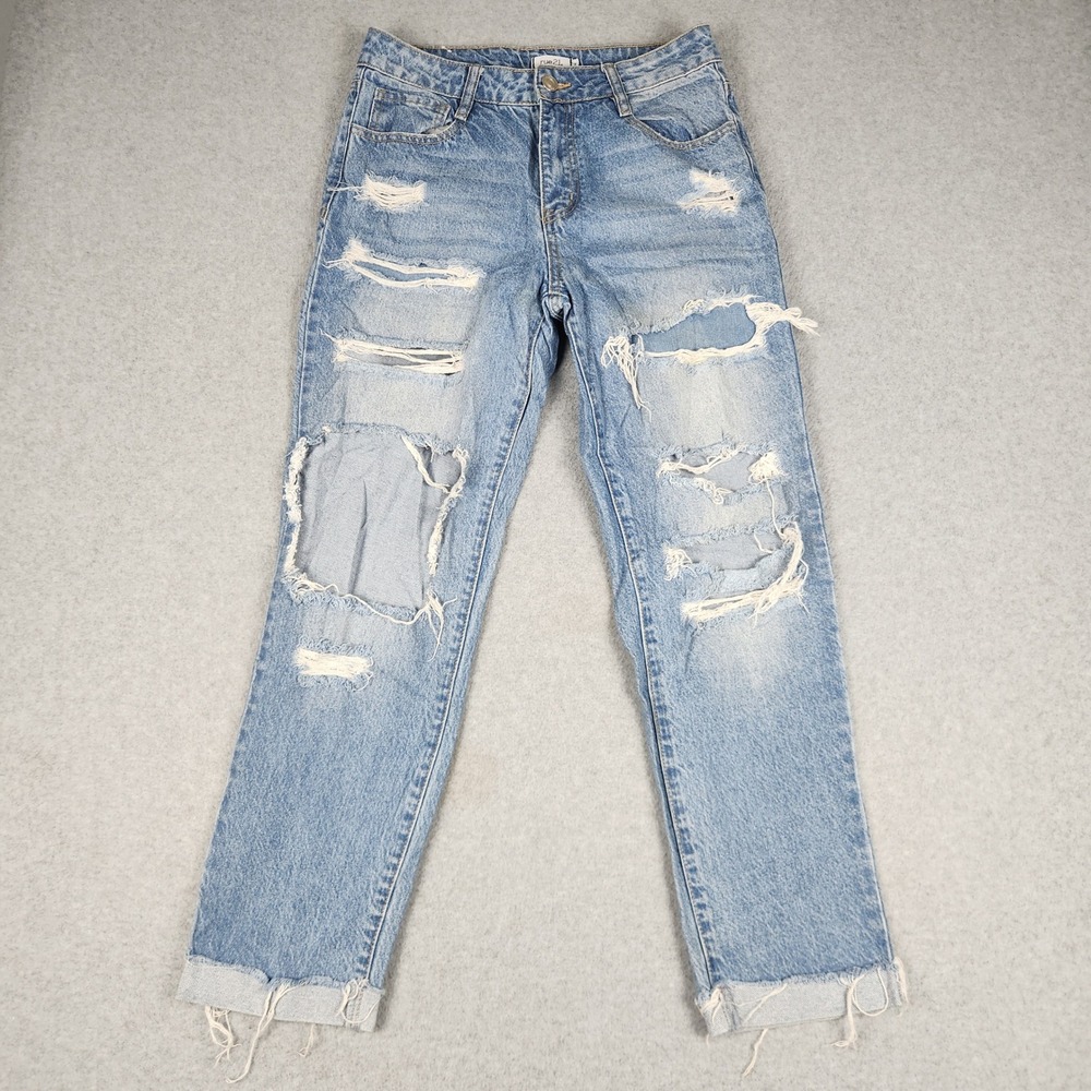 Rue21 Jeans Women 2 Blue Denim Medium Wash High Rise Straight Distressed Raw Hem